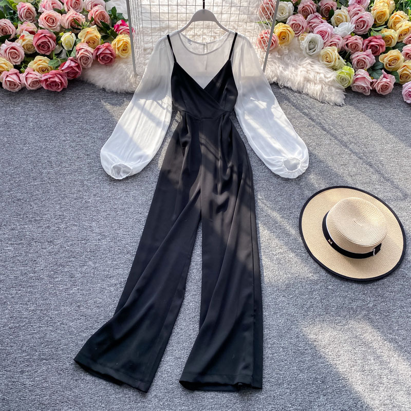 Two-piece suspender wide-leg pants suit