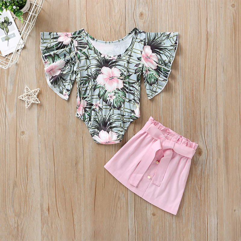 Printed two piece short skirt with flying sleeves