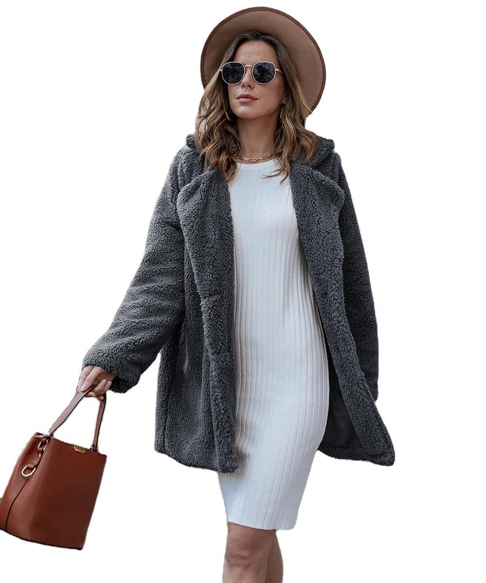 Double face Plush Lapel solid color long sweater coat