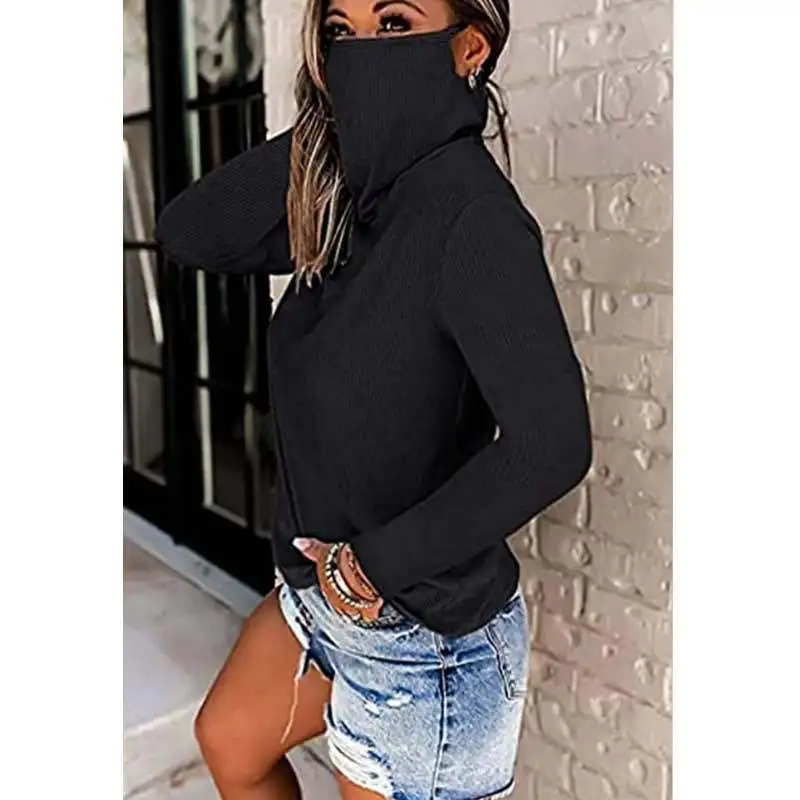 Autumn pile collar mask long sleeve Knitted Top - Black