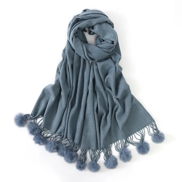 Pure color rabbit fur ball cashmere scarf Denim Blue - Shop at LoveMi