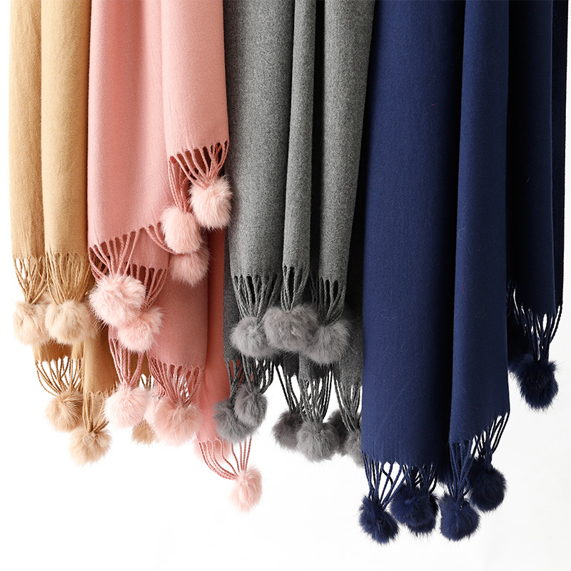 Pure color rabbit fur ball cashmere scarf