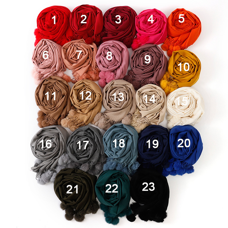 Pure color rabbit fur ball cashmere scarf