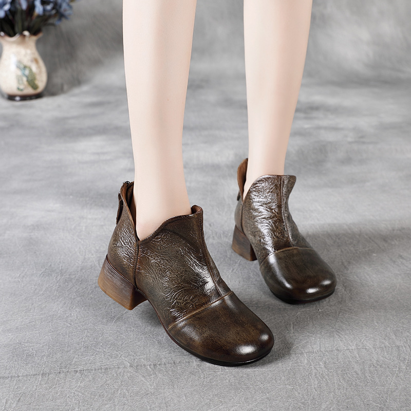 Retro Martin Boots with Round Toe Block Heel Zipper