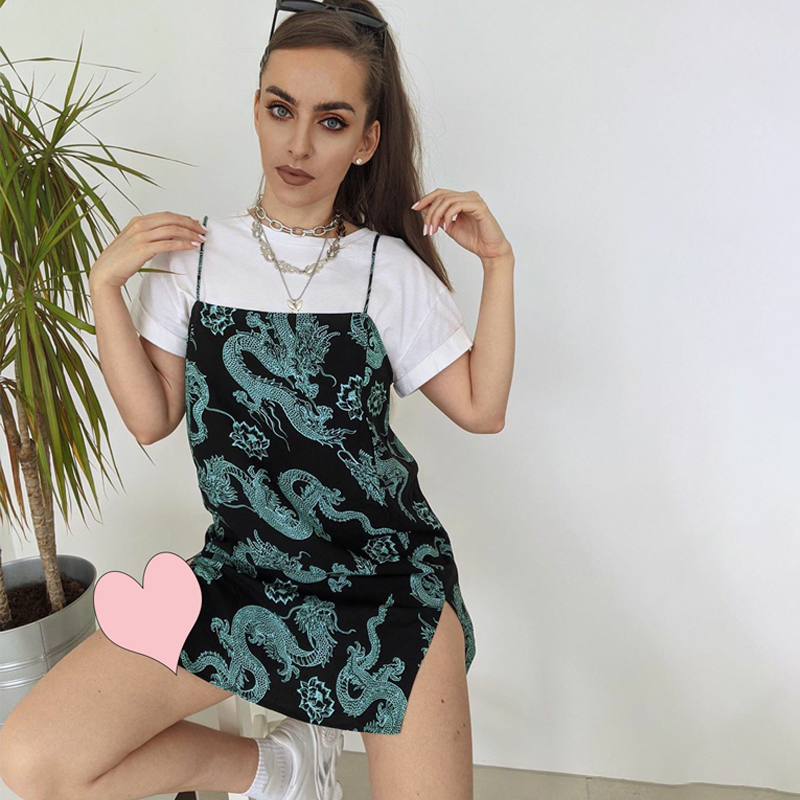 European and American floral dragon print halter strap dress