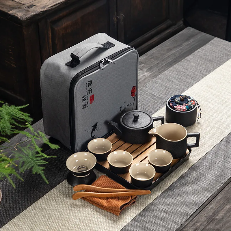 Black pottery portable travel tea set - 1 Set