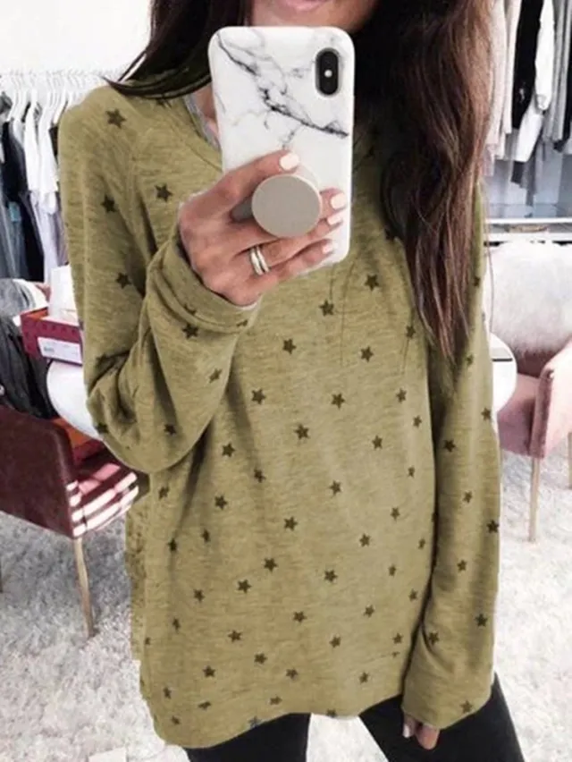 Star print long sleeved T shirt bottoming shirt top Khaki - Shop at LoveMi
