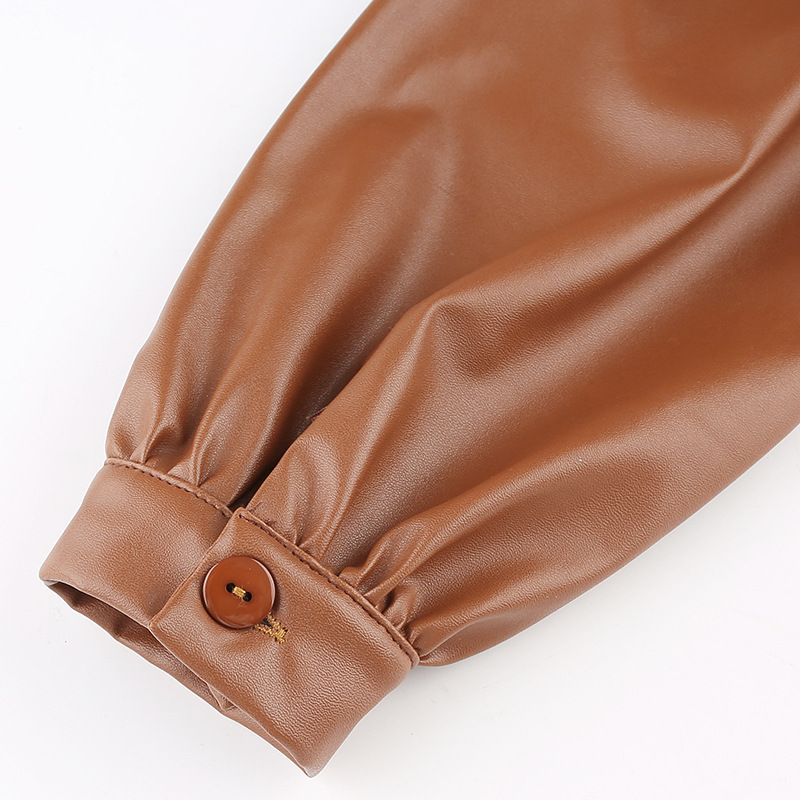 Long Puff Sleeve Turn Down Collar Women Leather Shirt