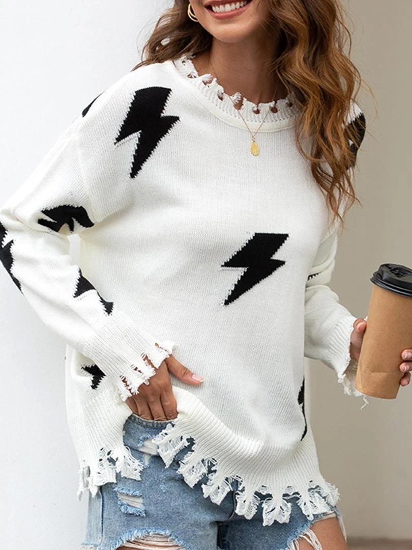 Women's sweater lightning hole fringed Pullover