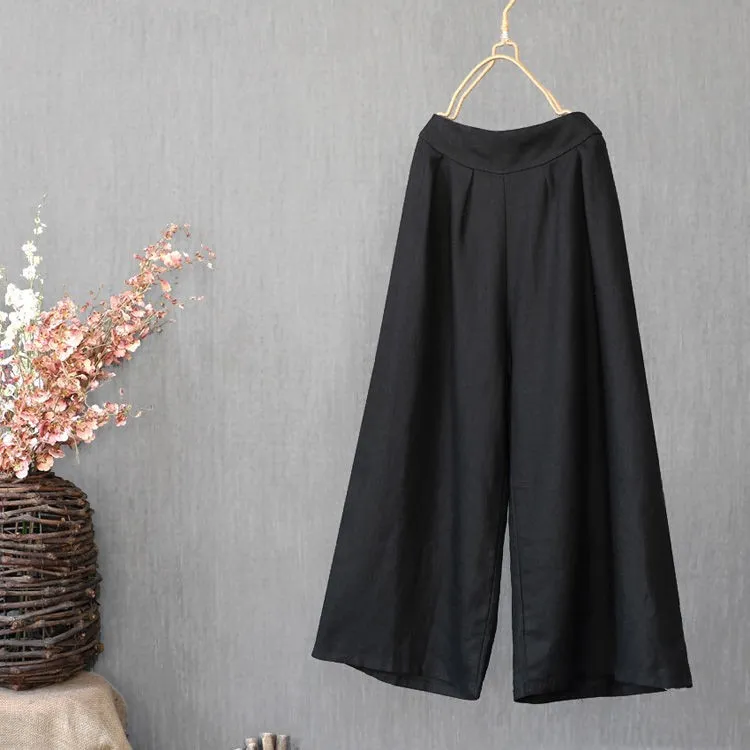 Cotton linen wide leg pants - Black