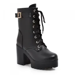 Belt buckle lacing ankle boot - Black - View 1