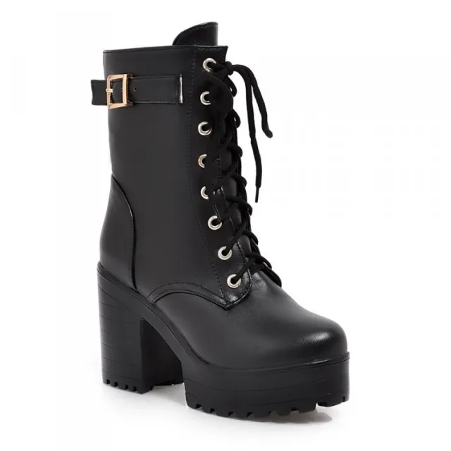 Belt buckle lacing ankle boot Black - Shop at LoveMi