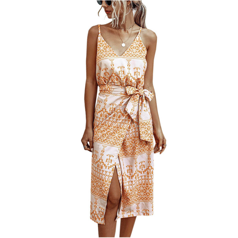 Dress women's medium length printed split suspender skirt