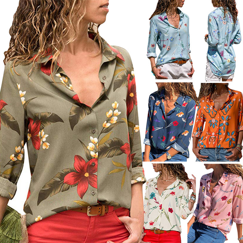 Long-sleeved printed shirt chiffon women's top