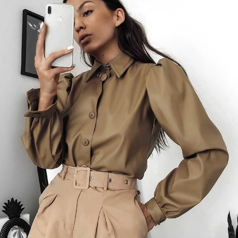 Long Puff Sleeve Turn Down Collar Women Leather Shirt Khaki - Shop at LoveMi