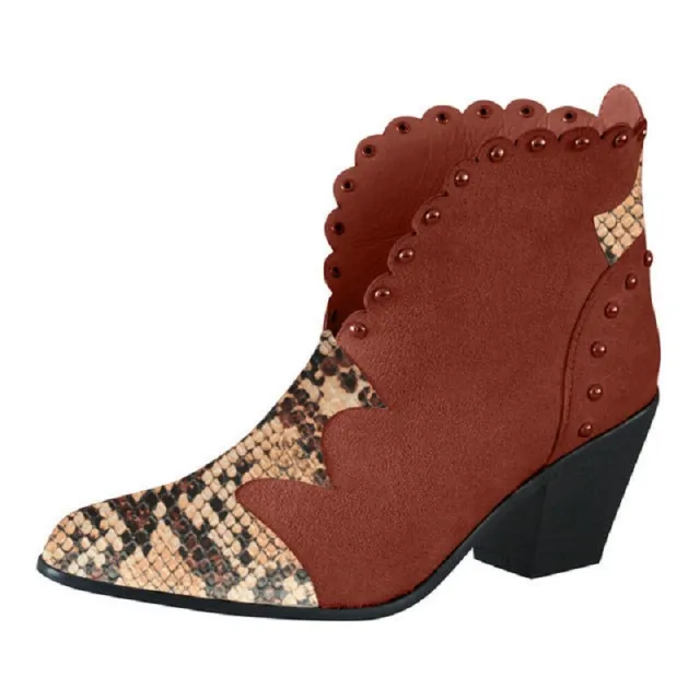 Block heel rivet color block snake print ankle boots Brown - Shop at LoveMi
