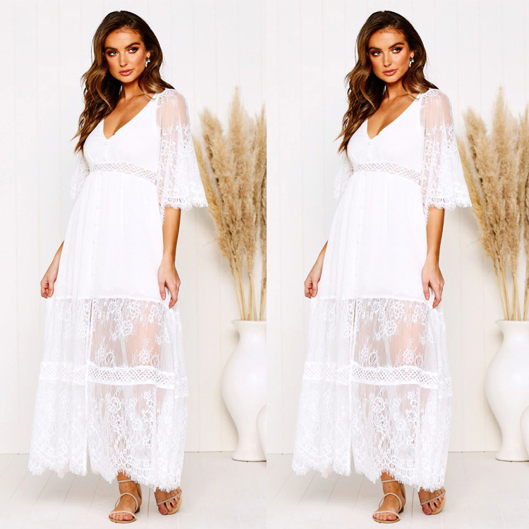 Cross border sexy deep V lace patchwork dress