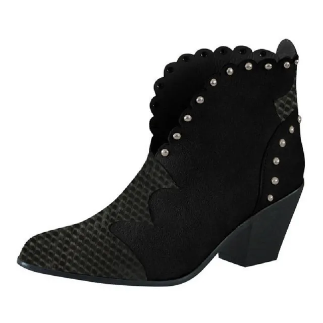 Block heel rivet color block snake print ankle boots Black - Shop at LoveMi