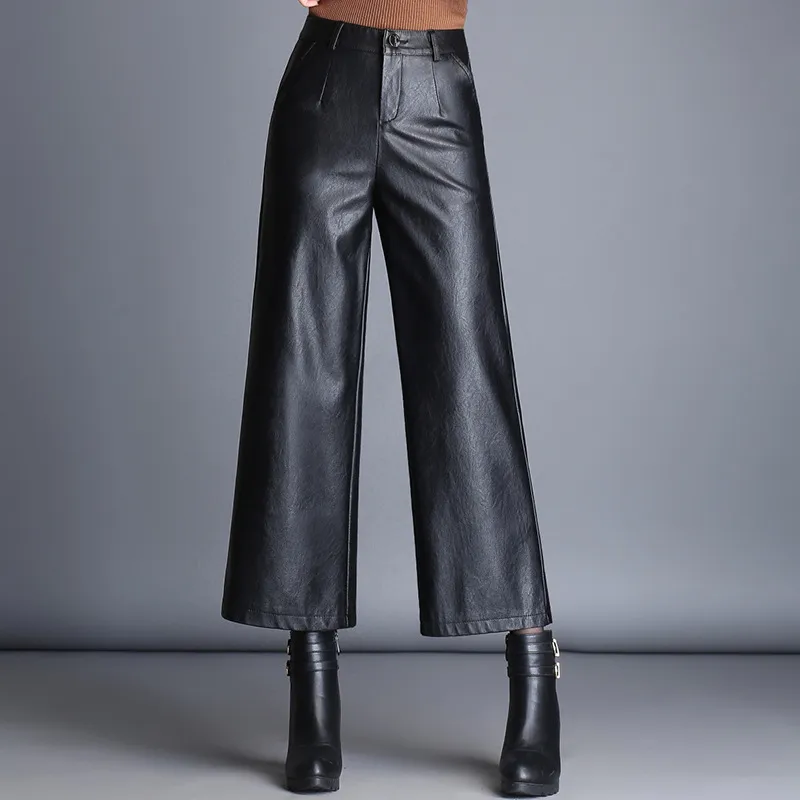 Fashion plus size loose women casual leather pants - Black
