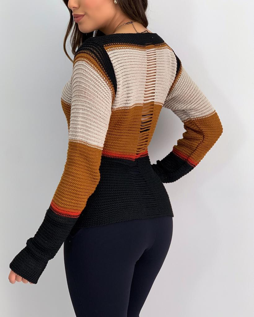 Fashion color matching hollow pullover sweater