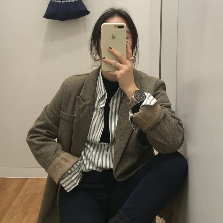 Striped mid-length shirt with a shirt underneath