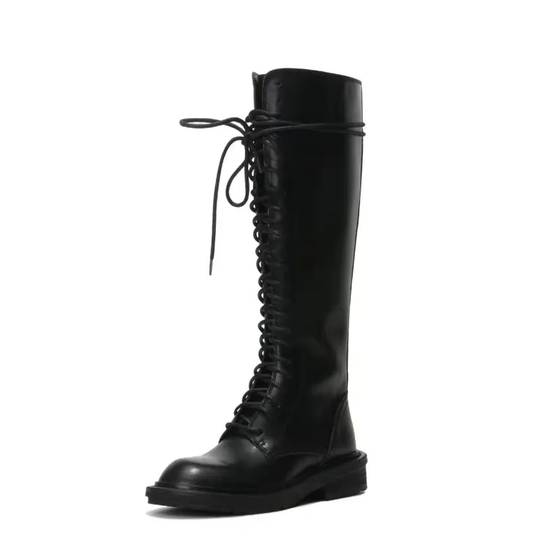 Leather riding boots high boots knee high heels boots - Lace-34
