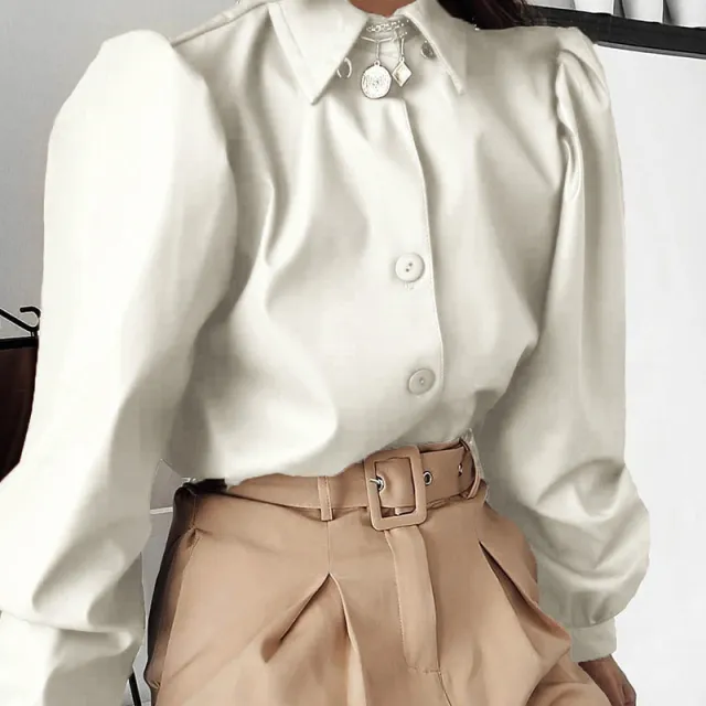 Long Puff Sleeve Turn Down Collar Women Leather Shirt White - Shop at LoveMi