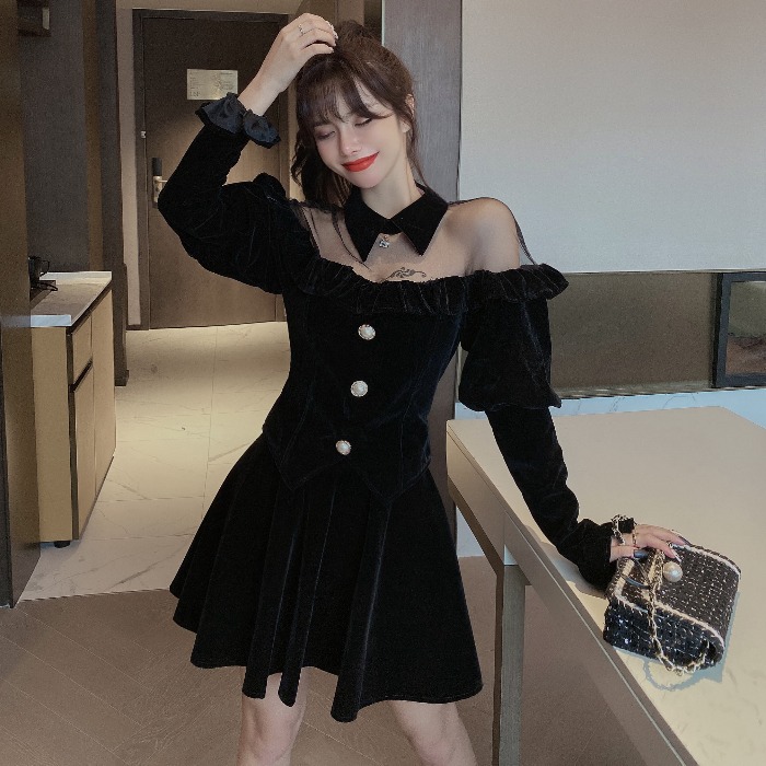 Mesh puff sleeve high waist skirt