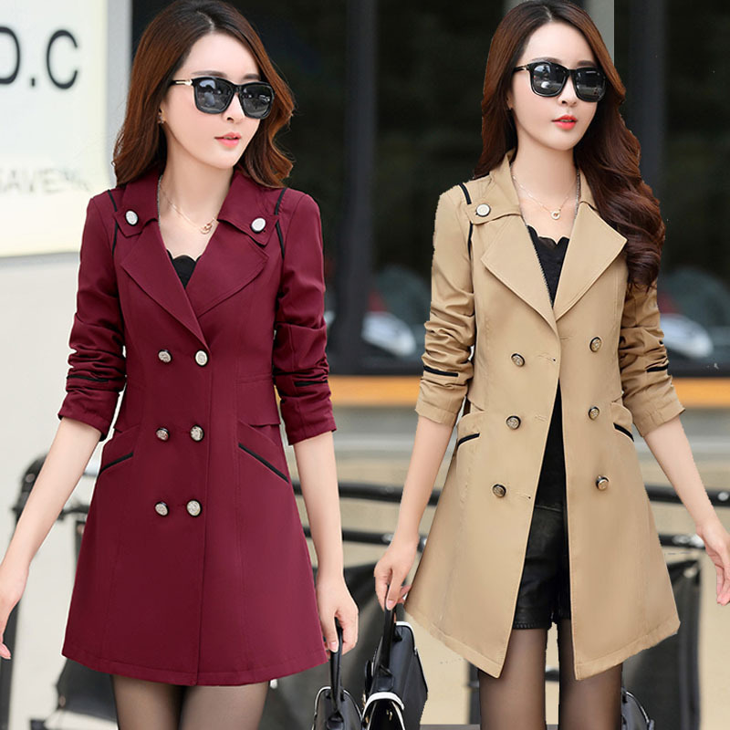 Medium length coat with double breasted windbreaker Wine Red - Shop at LoveMi