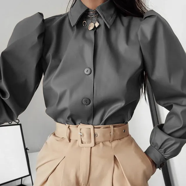 Long Puff Sleeve Turn Down Collar Women Leather Shirt Grey - Shop at LoveMi