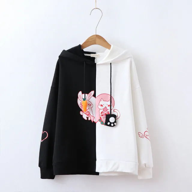Sweet and versatile love rabbit hair Hoodie Black - Shop at LoveMi