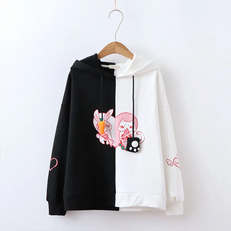 Sweet and versatile love rabbit hair Hoodie - Black