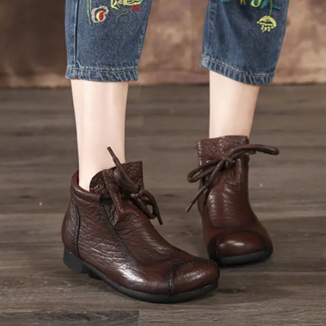 Stitching casual shoes convenient lace ankle boots Brown - Shop at LoveMi