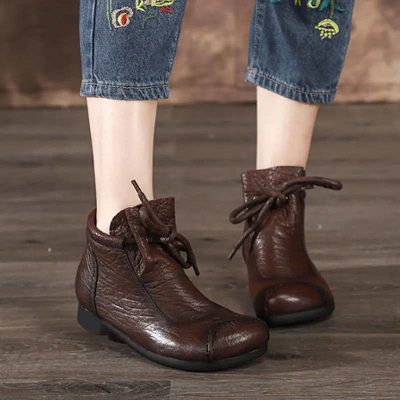Stitching casual shoes convenient lace ankle boots - Brown
