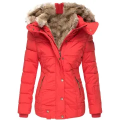 Fur collar long sleeve slim-fit cotton coat - Red - View 1