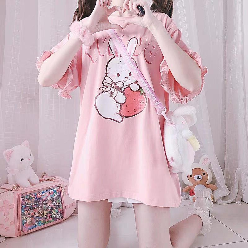 Japanese soft girl cute strawberry rabbit lace sleeve