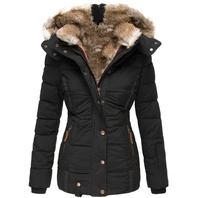 Fur collar long sleeve slim fit cotton coat Black - Shop at LoveMi