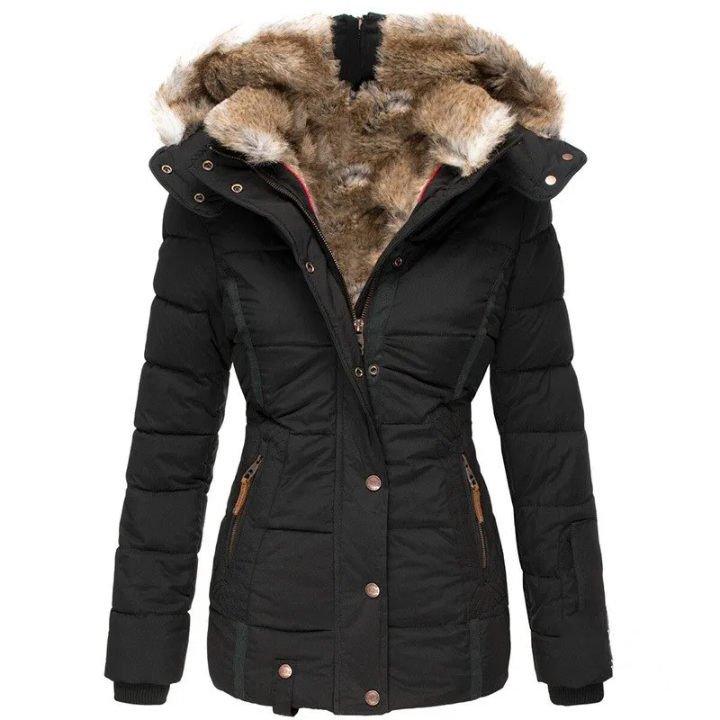 Fur collar long sleeve slim-fit cotton coat - Black