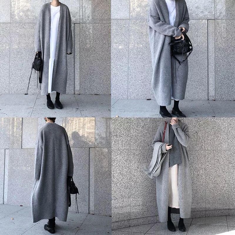 An over-the-knee cardigan sweater coat