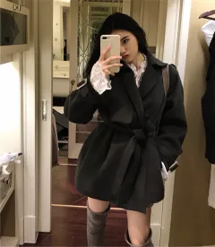 Double-sided waist belt tie trench coat woolen mid-length coat - Grey - View 1