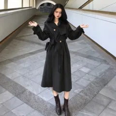 Double-sided waist belt tie trench coat woolen mid-length coat - Dark Grey - View 1