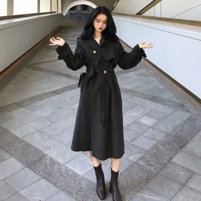Double sided waist belt tie trench coat woolen mid length coat Dark Grey - Shop at LoveMi