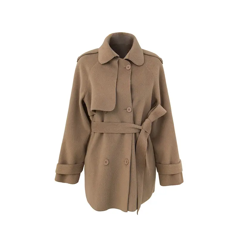 Double-sided waist belt tie trench coat woolen mid-length coat