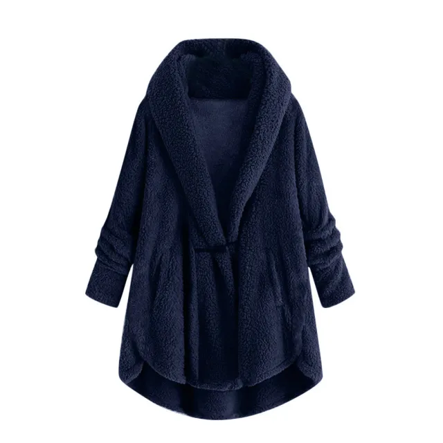 Hooded solid color casual jacket with horn button plush top Navy - Shop at LoveMi