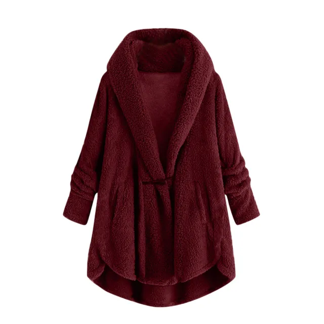 Hooded solid color casual jacket with horn button plush top Red Wine - Shop at LoveMi