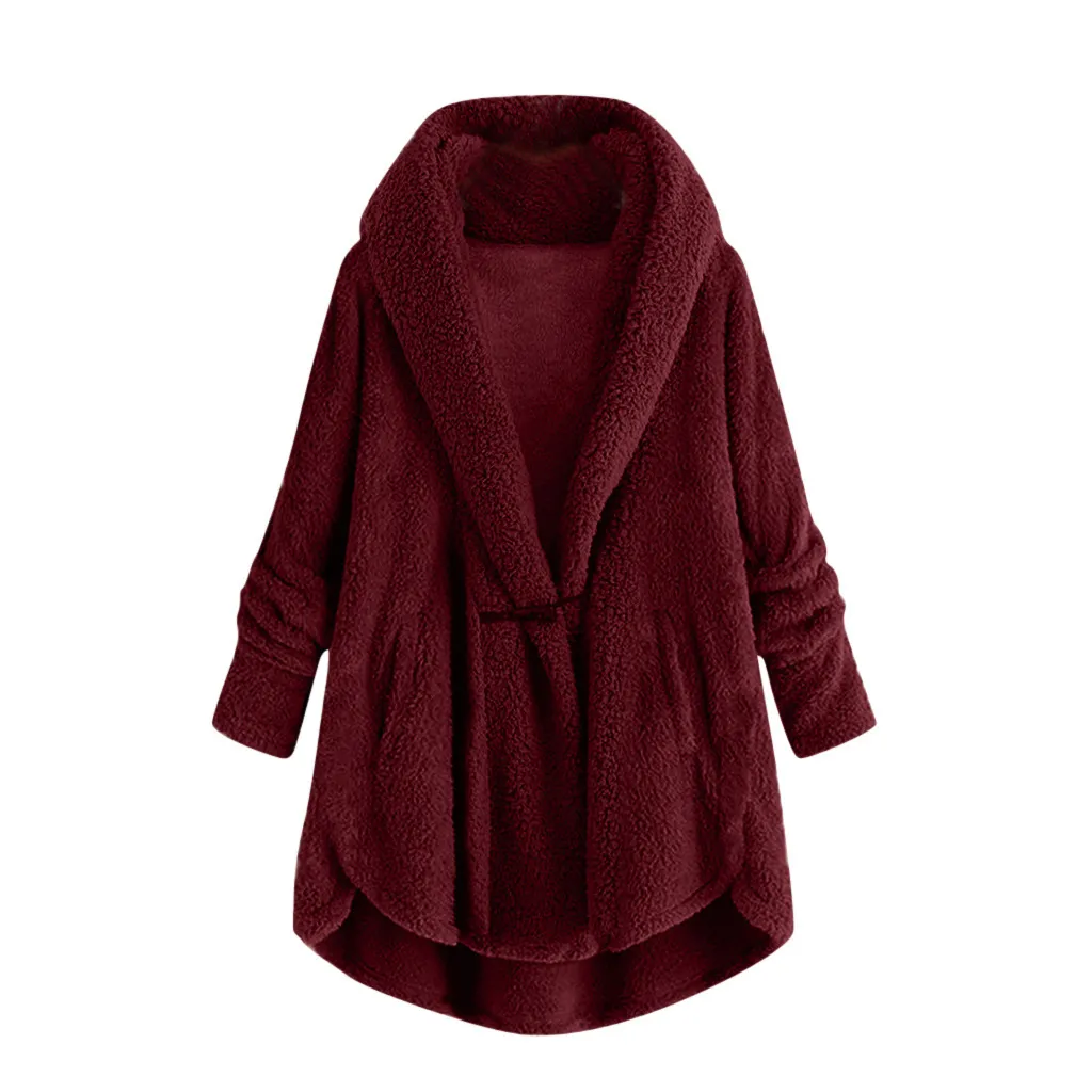 Hooded solid color casual jacket with horn button plush top - Red Wine