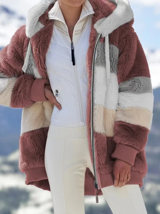 Women's Loose Plush Multicolor Hooded Jacket Caramel Colour - Shop at LoveMi