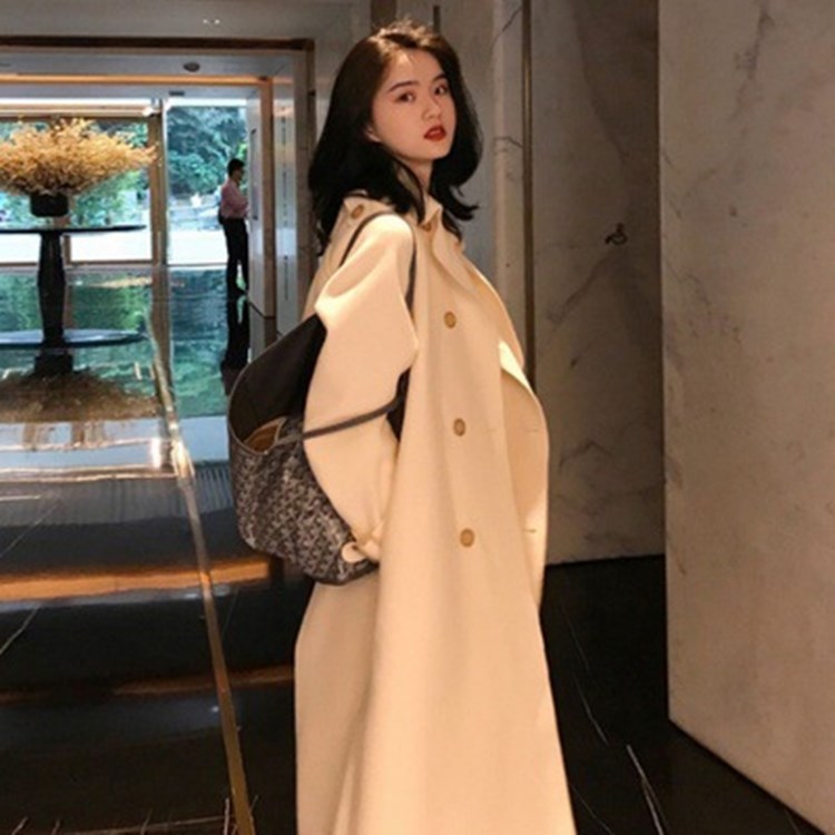 Double-sided waist belt tie trench coat woolen mid-length coat