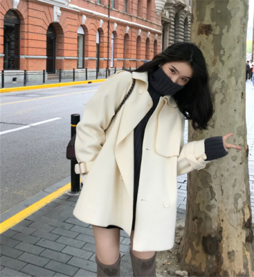Double sided waist belt tie trench coat woolen mid length coat Apricot Short - Shop at LoveMi