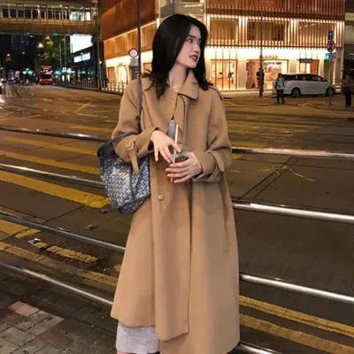 Double sided waist belt tie trench coat woolen mid length coat Camel - Shop at LoveMi
